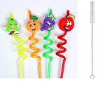 5 Parça Renkli Pipet Seti - Emojili Spiral Kokteyl- Çocuk Pipeti Temizleme Fırçalı