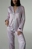 Muah Candy Pop Kadın Saten Pijama Takımı Çizgili Desenli Kısa Kollu Pembe Yeşil
