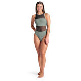 Mesh Panels Swimsuit Vent Back Kadın Gri Yüzücü Mayosu 006658600