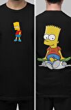 Unisex Kaykayda Oturan Bart Simpson Sırt Baskılı Tişört, Simpsonslar Sırt Baskılı T-shirt