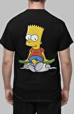 Unisex Kaykayda Oturan Bart Simpson Sırt Baskılı Tişört, Simpsonslar Sırt Baskılı T-shirt