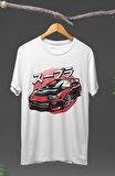 Unisex Red Black Supra Baskılı T-shirt, Araba Yarış Temalı Baskılı Tişört