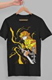Oversize Demon Slayer Zenitsu Karakteri Baskılı T-shirt, Unisex Anime Baskılı Tişört