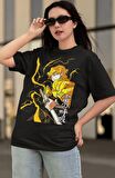 Oversize Demon Slayer Zenitsu Karakteri Baskılı T-shirt, Unisex Anime Baskılı Tişört