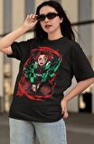 Oversize Demon Slayer Tanjiro Kamado Baskılı T-shirt, Unisex Anime Baskılı Tişört