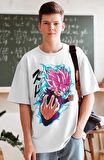 Oversize Dragon Ball Evil Goku Baskılı T-shirt, Unisex Anime Baskılı Tişört