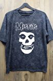 Unisex Misfits Baskılı Yıkamalı Tişört, Oversize Rock-Metal Baskılı Eskitme T-Shirt