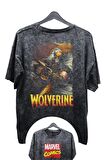 Unisex Wolverine Baskılı Yıkamalı Tişört, Oversize Marvel Comics Baskılı Vintage T-Shirt