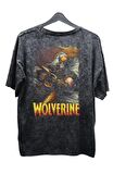 Unisex Wolverine Baskılı Yıkamalı Tişört, Oversize Marvel Comics Baskılı Vintage T-Shirt