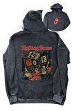 Unisex Rolling Stone Sırt Baskılı Kapüşonlu Yıkamalı Sweatshirt, Oversize Rock Band Baskılı Hoodie