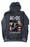 Unisex AC DC Let There Be Rock Sırt Baskılı Kapüşonlu Yıkamalı Sweatshirt, Oversize Eskitme Hoodie