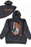 Unisex Chainsaw Man Pochita Sırt Baskılı Kapüşonlu Yıkamalı Sweatshirt,Oversize Anime Temalı Hoodie