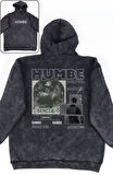 Oversize Humbe Sırt Baskılı Kapüşonlu Yıkamalı Sweatshirt, Unisex Şarkıcı Temalı Eskitme Hoodie