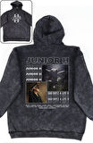 Unisex Junior H Sırt Baskılı Kapüşonlu Yıkamalı Sweatshirt, Oversize Şarkıcı Temalı Retro Hoodie