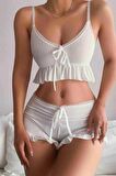 Merry See Özel Örme Kumaş Askılı Şortlu Pijama Takımı Beyaz