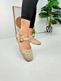 Günlük Kadın Babet Troklu Tek Bant Altın Tokalı Süet Rahat Tırtıklı Taban Alçak Topuklu Ayakkabı 349