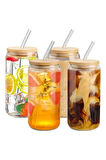 4 Adet Bambu Kapaklı Cam Bardak Buzlu Kahve Smoothie Kokteyl Bardağı 4 Cam Pipet Ve 2 Temizleme Fırç