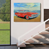 Kızmızı Retro Araba Yağlıboya Görünüm Dekoratif Kanvas Duvar Tablosu-3499