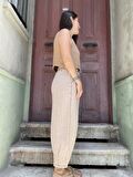 Bohem Müslin Taşlanmış Haki Kadın Pantolon, Salaş Pantolon, Rahat Pantolon, Yoga Pantolon,