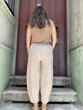Bohem Müslin Taşlanmış Haki Kadın Pantolon, Salaş Pantolon, Rahat Pantolon, Yoga Pantolon,