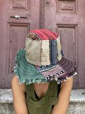 Bohem Unisex Nepal Pure Hemp Patchwork Şapka, Yazlık Şapka, Etnik Şapka, Vegan Şapka, Renkli Şapka