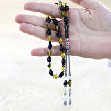 925 Ayar Gümüş Çift Püsküllü Arpa Kesim Sarı-Siyah Ateş Kehribar Tesbih