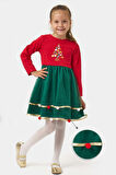 Kız Çocuk Eteği Saten Detaylı Ponponlu Yılbaşı Elbisesi  NBK-24907