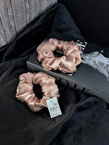 2'li Lüks Kadın Saten Toka - Bronz Pudra – Lastik Model Scrunchie - Anne Kız Kombini