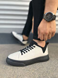 JY204 Flex Bağcıklı Keten Kumaş Erkek Günlük Sneaker Ayakkabı KST - Beyaz/Siyah