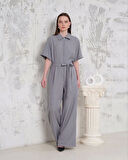 Kuşaklı gömlek yaka salaş tulum gri s255822