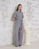 Kuşaklı gömlek yaka salaş tulum gri s255822