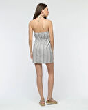 Kuşaklı çizgili mini keten elbise