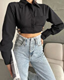 Yanı kemer detaylı crop gömlek siyah s4009