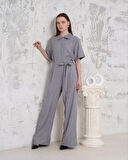 Kuşaklı gömlek yaka salaş tulum gri s255822