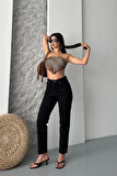 Mom fit enzim taş yıkama jeans pantolon siyah d2006