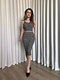 Çizgili etek crop takım