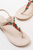 152-1110 Bej Multi Taşlı Parmak Arası Kadın Sandalet