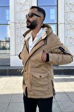 Kanvas Kumaş Kapüşonlu Slim Fit Kalıp Erkek Kışlık Mont