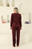 Kadın Bisiklet Yaka Düğmesiz İpeksi Yumuşak Kadife Kışlık Uzun Kol Cepli Pijama Takımı