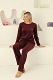 Kadın Bisiklet Yaka Düğmesiz İpeksi Yumuşak Kadife Kışlık Uzun Kol Cepli Pijama Takımı