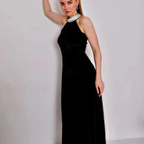 Taş Detaylı Siyah Kadife Elbise 