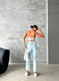 Açık mavi lazerli mom jeans 