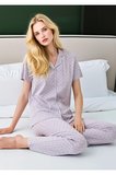 Lila Desenli Önden Düğmeli Pamuklu Kadın Pijama Takımı