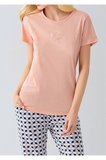 Kadın Somon Be Cute Yazılı Desenli Alt Pijama Takımı - Pamuklu Ev Giyimi