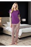 Kadın Mor Uzun Pijama Takımı - Desenli Pantolonlu Pamuklu Ev Giyimi Seti