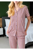 Kadın Mor Turuncu Desenli Gömlek Yaka Pijama Takımı - Önden Düğmeli Pamuklu Set