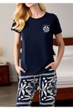 Kadın Beyaz Lacivert Çiçek Desenli Pijama Takımı - Pamuklu Uzun Alt Üst Ev Giyimi