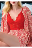 Geometrik Desenli Kimono Sabahlık ve Şort Takımı - Dantelli Bralet Detaylı 3'lü Ev Giyimi Seti