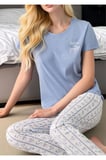 Kadın Mavi Pijama Takımı - Kısa Kollu Bisiklet Yaka Pamuklu Alt Üst Takım