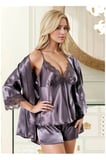 Kadın Saten 3’lü Pijama Takımı - Dantel Detaylı Sabahlıklı Şortlu Takım